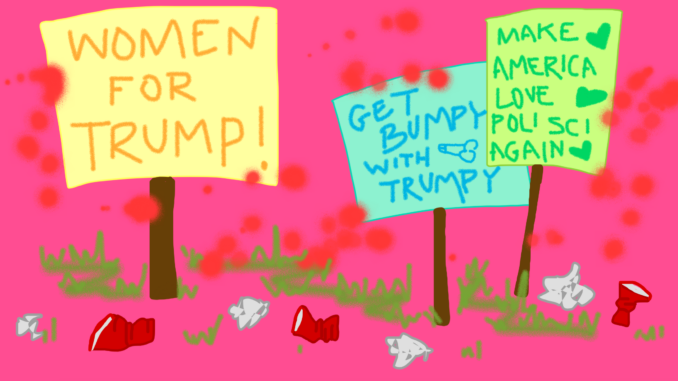 Illustration of signs with pro-Trump messages, and trash on ground